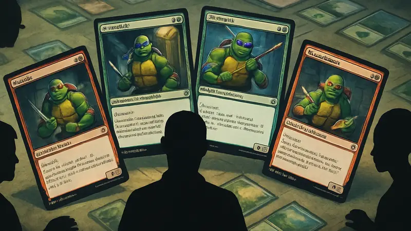 Иллюстрация карт Magic: The Gathering с персонажами "Черепашек-ниндзя", на фоне игрового поля Commander.
