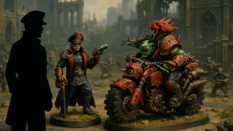 Миниатюры Warhammer 40,000: Комиссар Яррик и Ваздакк Гутсмек на игровом столе.