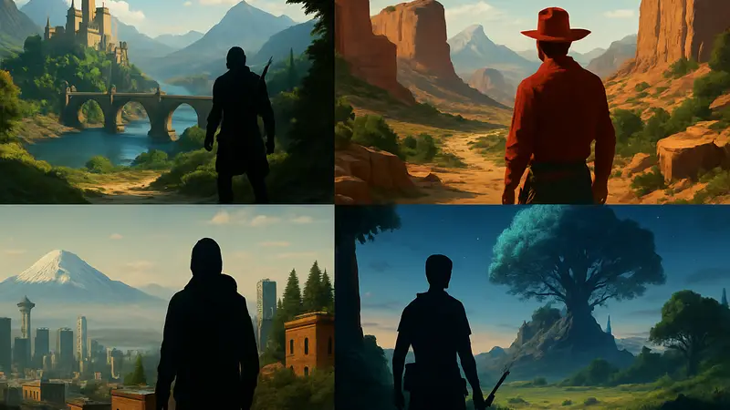 Коллаж из скриншотов различных игр с открытым миром, демонстрирующий разнообразие ландшафтов