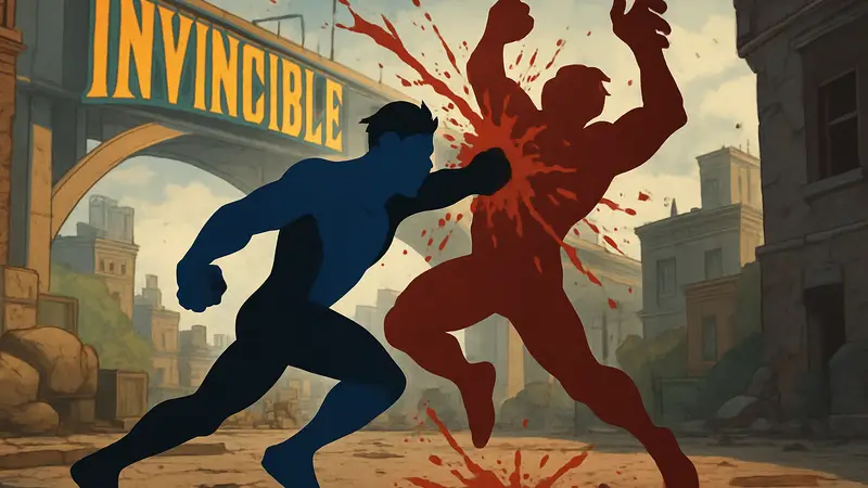 Скриншот из игры Invincible VS с кровавыми сражениями персонажей в динамичной позе.