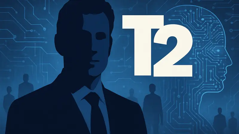 Штраус Зельник, генеральный директор Take-Two, на фоне логотипа компании с элементами ИИ.