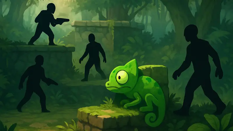 Игровой процесс Meccha Chameleon с хамелеоном, прячущимся от врагов