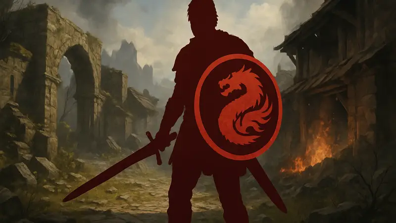 Герой Crimson Desert держит щит Дрейка и меч Спада, проходя квест "Жадность и Пепел".