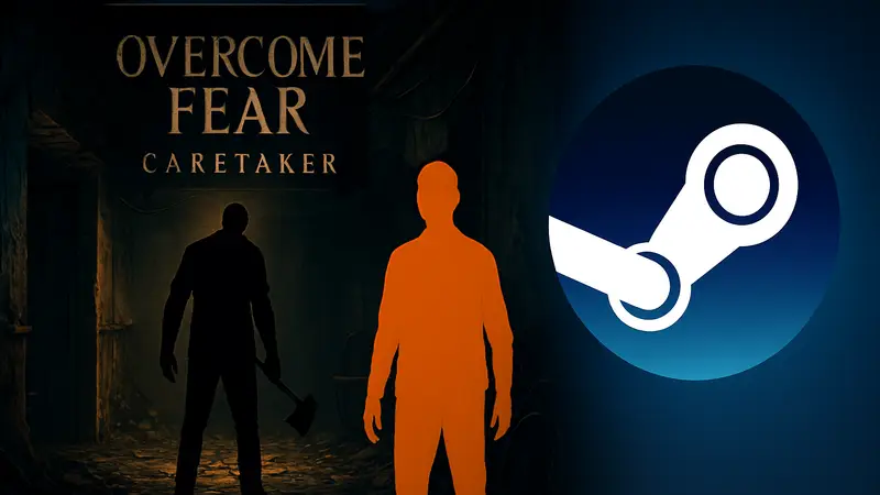 Обложка хоррор-игры Overcome Fear: Caretaker, доступной бесплатно в Steam, на фоне логотипа Steam.