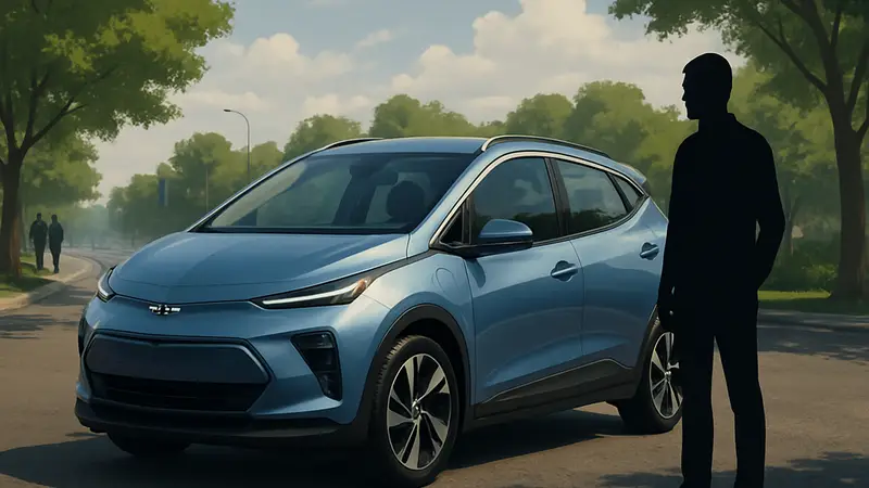 Электромобиль Chevy Bolt 2027 года, стоящий на дороге, демонстрируя свой дизайн и цвет.
