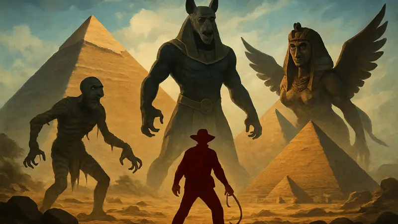 Обложка настольной игры «Монстры Египта» с изображением пирамид и монстров