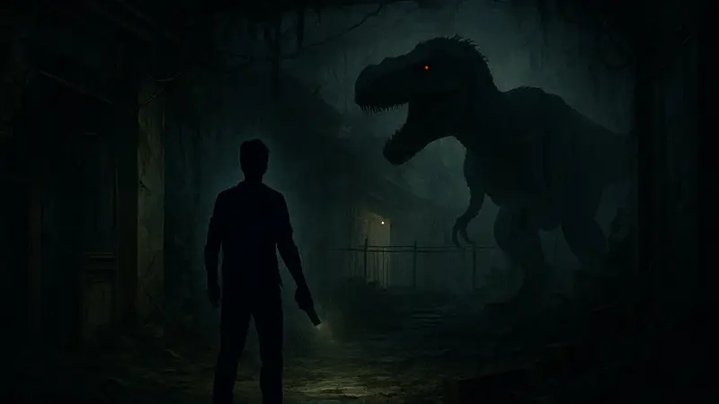 Скриншот из Wilderdark, показывающий мрачную локацию и намёк на опасность или динозавра.