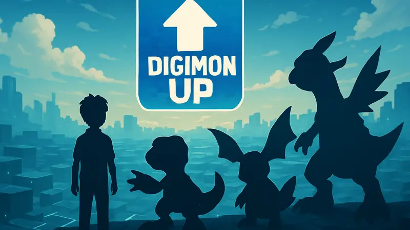 Логотип мобильной игры Digimon Up с персонажами Дигимонов