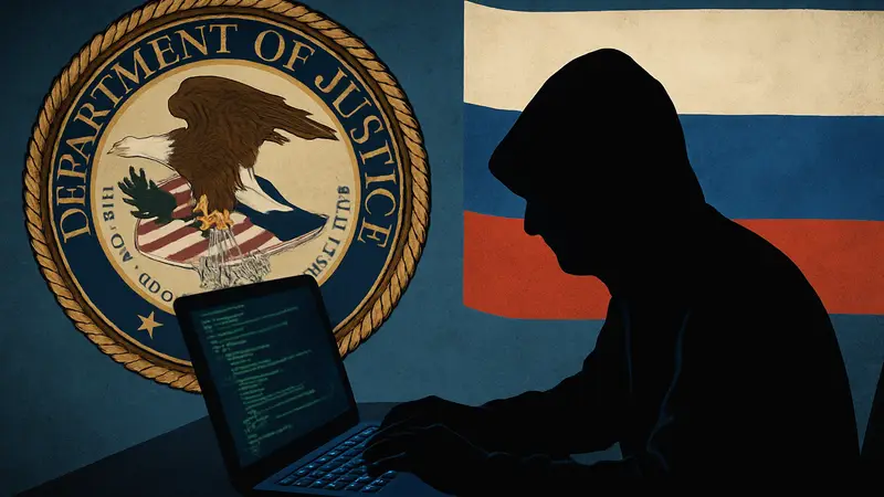 Иллюстрация киберпреступности с хакером на фоне логотипа Минюста США и флагов России.