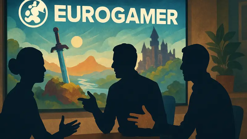 Логотип Eurogamer на фоне игрового экрана, редакторы обсуждают игры, игровые впечатления