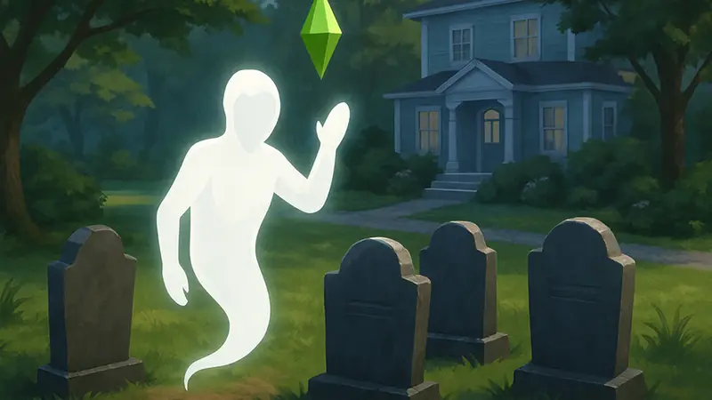 Гайд по смертям симов в Sims 4 с изображением призрака и надгробий