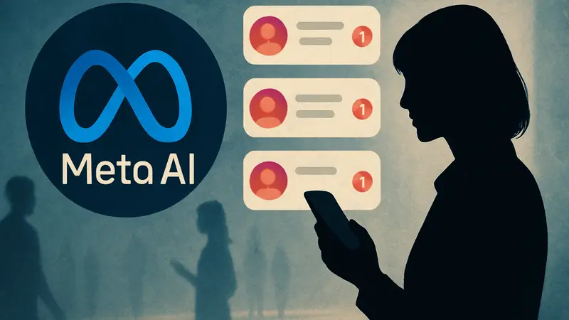 Логотип Meta AI на фоне уведомлений в Instagram.