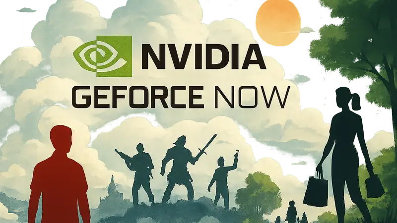 Логотип Nvidia GeForce Now на фоне облачного гейминга и летней распродажи