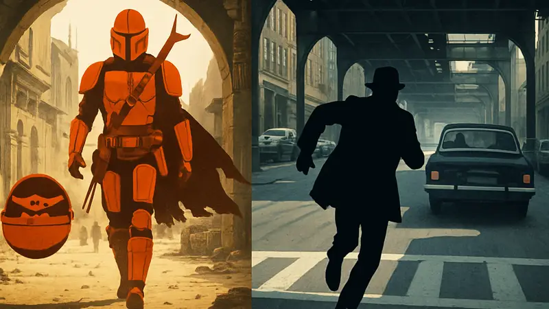 Кадры из фильмов «Мандалорец и Грогу» и «Французский связной»