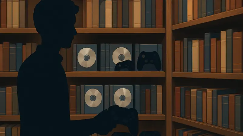 Игровые диски и джойстики на полках библиотеки, рядом с книгами. Бесплатные игры в библиотеке.