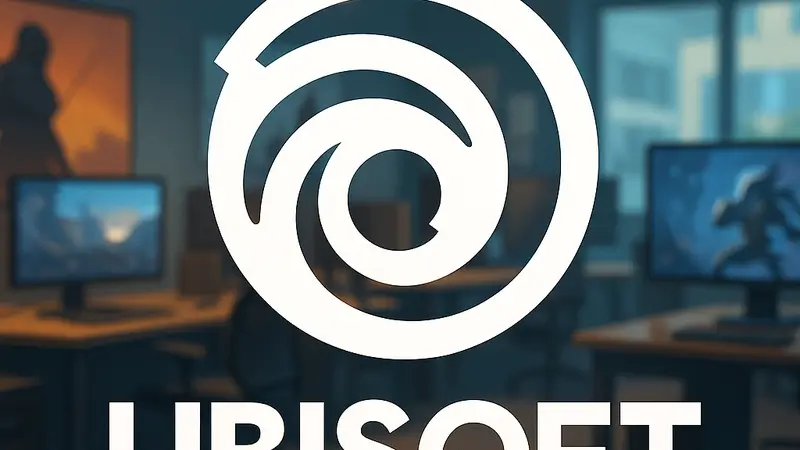 Логотип Ubisoft на фоне размытого изображения игрового офиса или рабочего пространства.