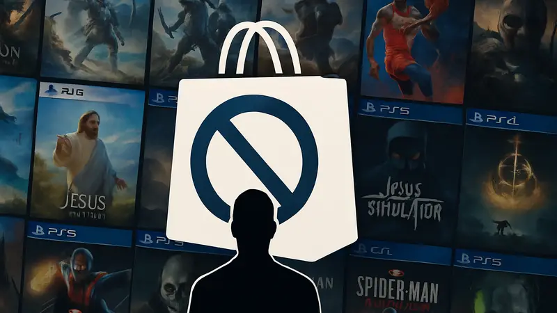 Логотип PlayStation Store с пометкой "удалено" на фоне множества обложек игр для PS5 и PS4.