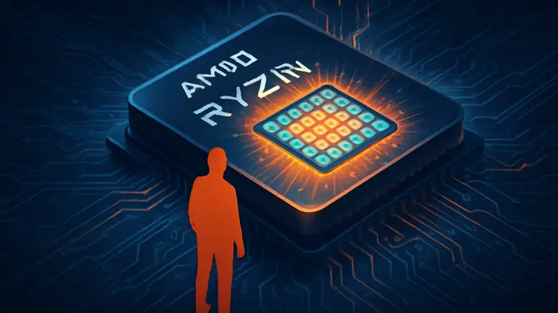 Логотип AMD Ryzen и абстрактное изображение процессора, символизирующее высокую производительность и многоядерность.