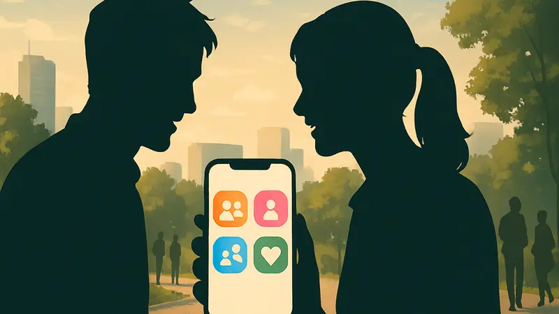 Молодые люди улыбаются, используя смартфон, на экране которого отображаются иконки приложений для поиска друзей.