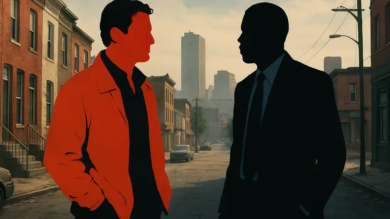 Кадр из сериала "Прослушка" с детективами Джимми Макналти и Банком Морлендом на фоне городских улиц Балтимора.
