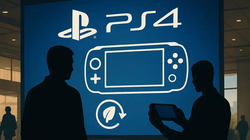 Логотип PlayStation 6 и схематичное изображение портативной консоли, режим энергосбережения
