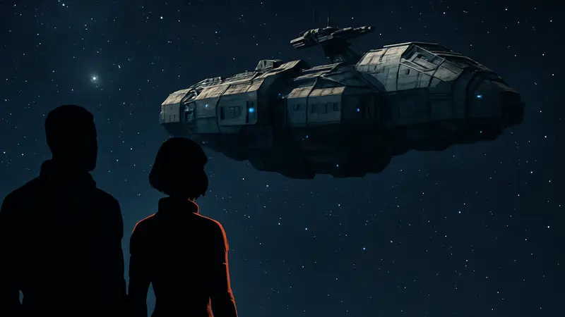 Кадр из The Expanse: Osiris Reborn, космический корабль или персонажи, на фоне звёздного неба.