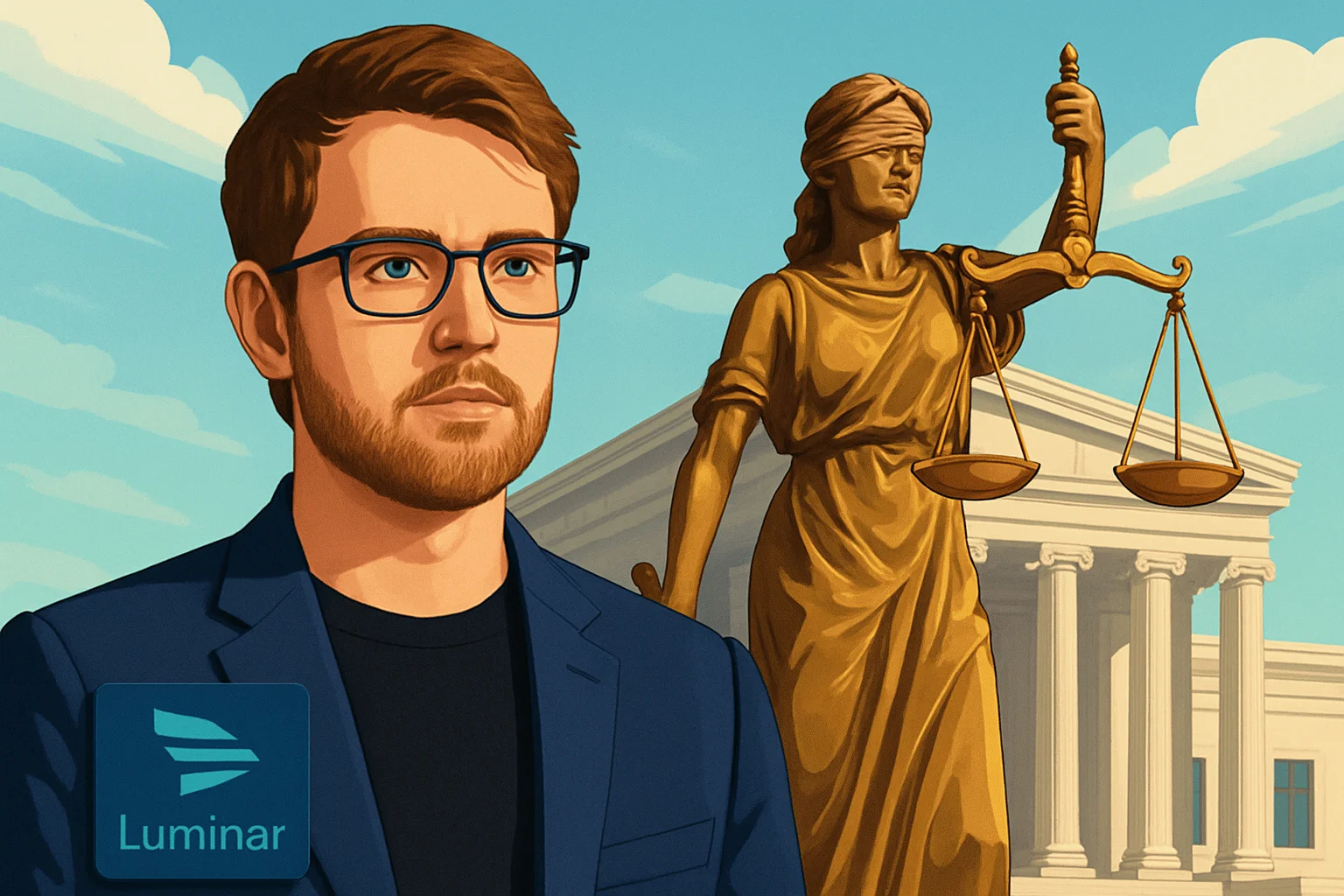 Остин Рассел, основатель Luminar, на фоне судебного здания или символа правосудия.