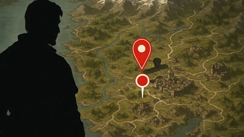Карта Crimson Desert с меткой местоположения Рональда для квеста