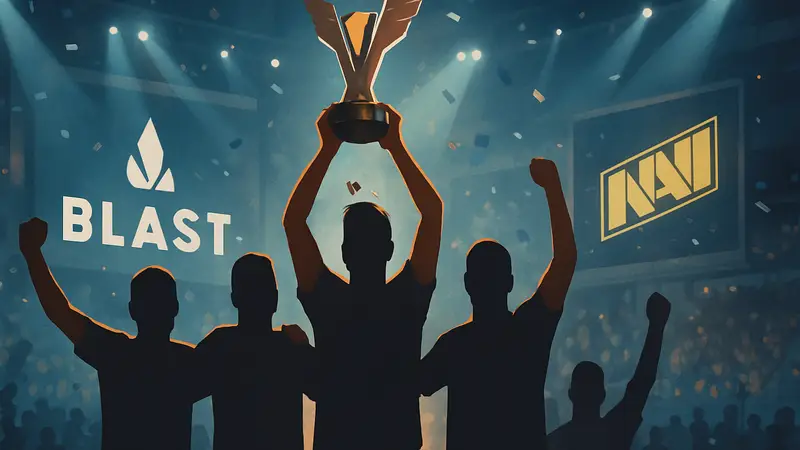 Команда Vitality празднует победу на турнире BLAST Rivals S1 над NAVI, держа трофей.