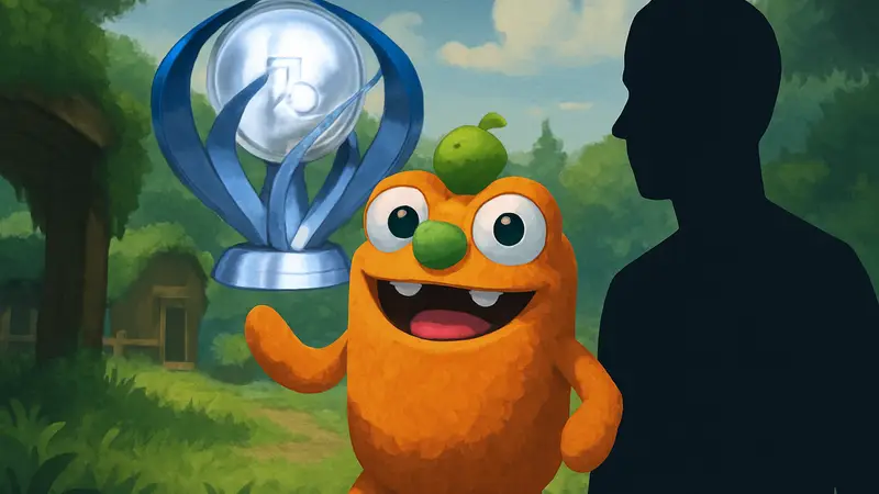 Персонаж Bugsnax на фоне платинового трофея PlayStation, скриншот из игры