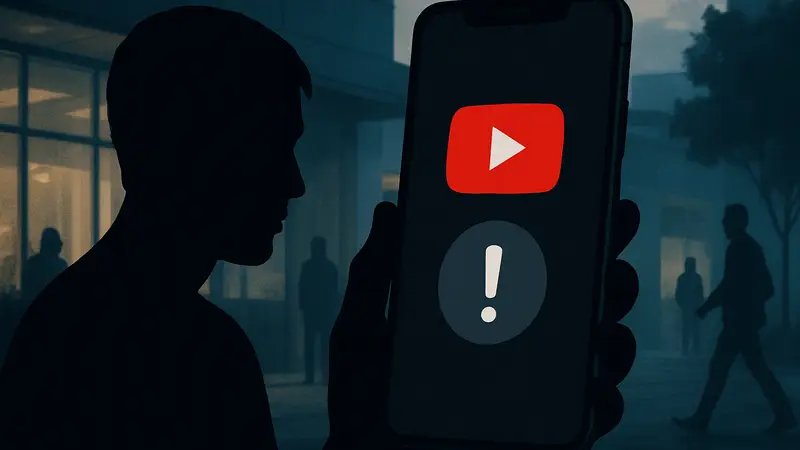На экране смартфона отображается значок YouTube с ошибкой загрузки, символизирующий глобальный сбой сервиса.