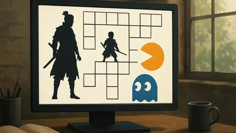 Игровой кроссворд Game Rant с персонажами из Sekiro и Pac-Man на экране.