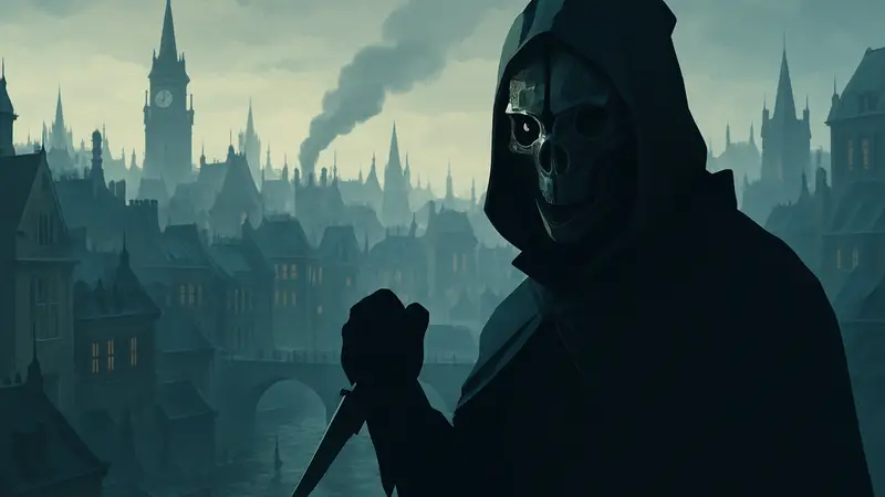 Главный герой Dishonored в маске, на фоне викторианского города