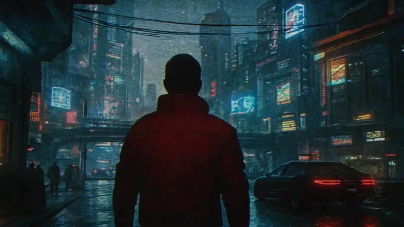 Скриншот Cyberpunk 2077 с VHS-эффектом, демонстрирующий зернистую графику и аналоговые помехи.