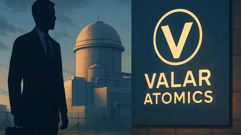 Логотип Valar Atomics и схематичное изображение ядерного реактора, символизирующие инвестиции в технологии.