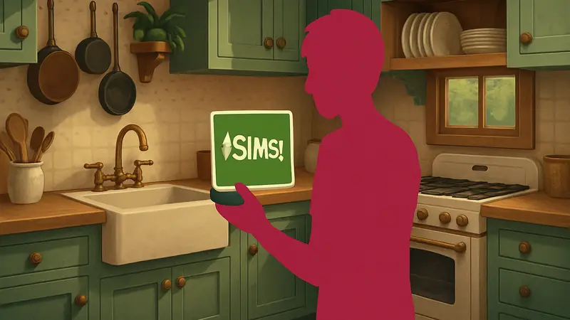 Игрок The Sims 4 забирает Country Kitchen Kit, скриншот новой кухни.