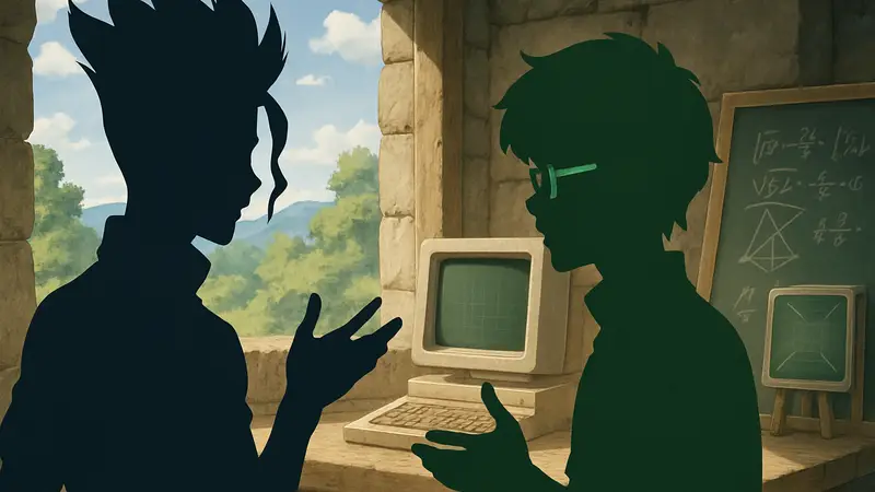 Персонажи аниме Dr. Stone, Сэнку и Сай, обсуждают планы по созданию компьютеров.