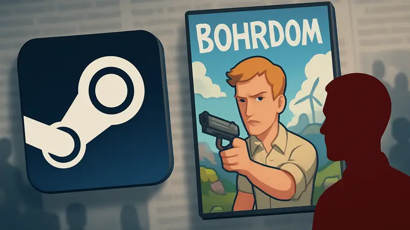 Логотип Steam и обложка игры Bohrdom на фоне новостной ленты с информацией об инциденте.