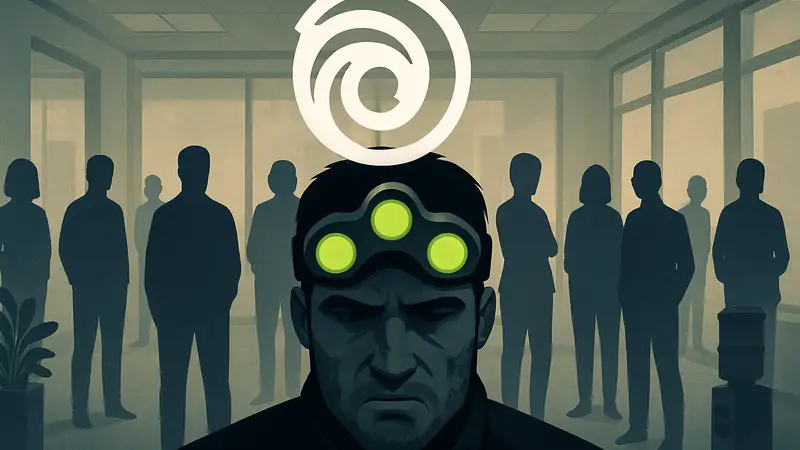 Логотип Ubisoft с нахмуренным лицом Сэма Фишера из Splinter Cell на фоне уволенных разработчиков.