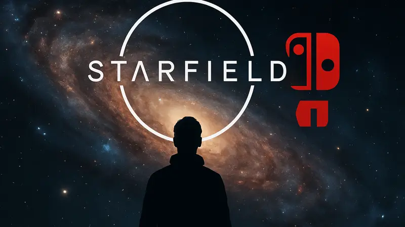 Логотип Starfield на фоне галактики с небольшим значком Nintendo Switch 2, символизирующим слухи о задержке.