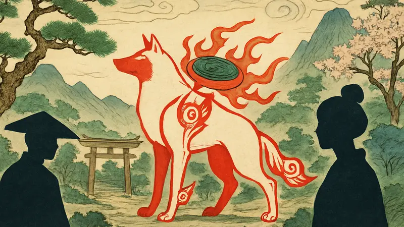 Аматерасу, богиня-волчица из игры Okami, в традиционном японском стиле рисования