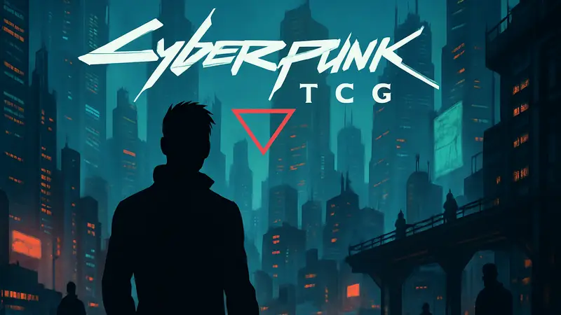 Логотип Cyberpunk TCG на фоне киберпанк-города