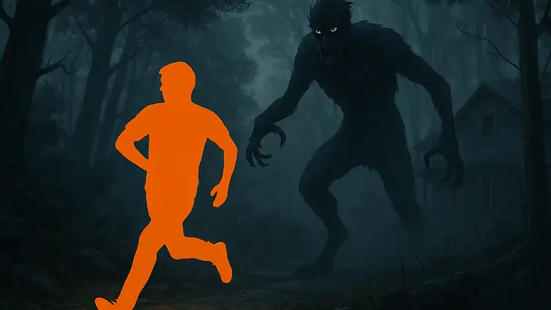 Игрок, убегающий от монстра в асимметричной хоррор-игре для одиночного прохождения