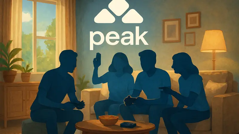 Логотип игры Peak и изображение персонажей, весело проводящих время вместе.