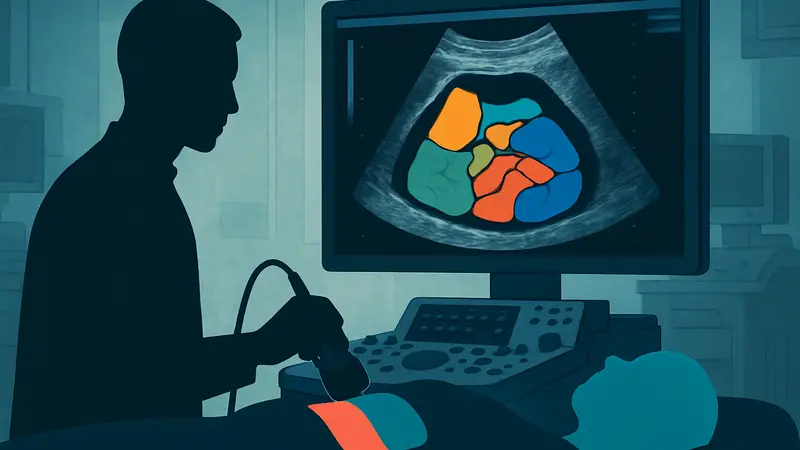 ИИ-сканирование УЗИ-фантома Midjourney Medical, демонстрирующее сегментацию внутренних структур.