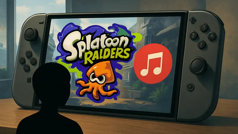 Логотип Splatoon Raiders и иконки музыкального сервиса Nintendo Music на фоне Switch 2