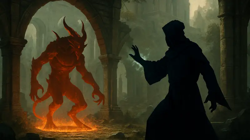 Варлок из Diablo 2 Resurrected колдует, призывая демона на поле боя. Фэнтези игра.