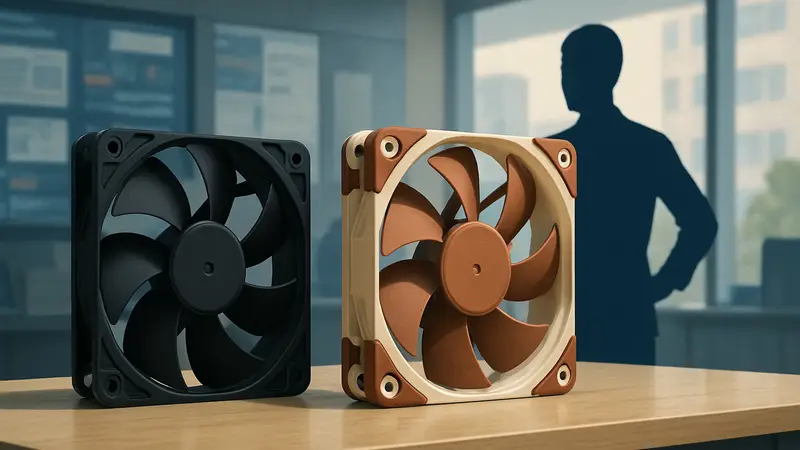 Новый полностью чёрный вентилятор Noctua рядом с классической бежево-коричневой версией для ПК