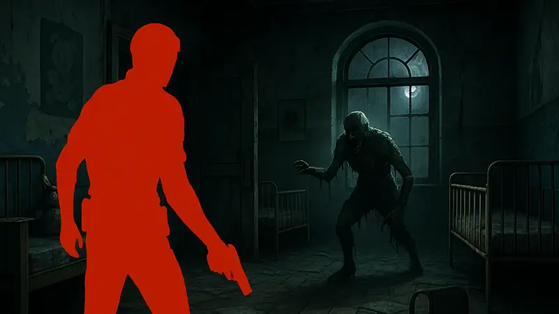 Кадр из Resident Evil Requiem, изображающий сцену в приюте, с элементами хоррора.