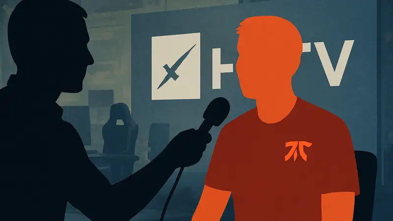 Киберспортсмен Maden из команды fnatic даёт интервью, на фоне логотип HLTV.